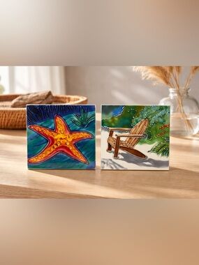 Hand Painted Tile Starfish & Beach Chair Lot of (2) 4"x4"